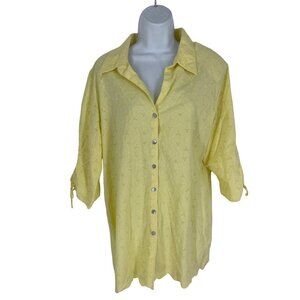 Susan Graver Yellow Eyelet Short Sleeves Button Front Blouse Size 1X